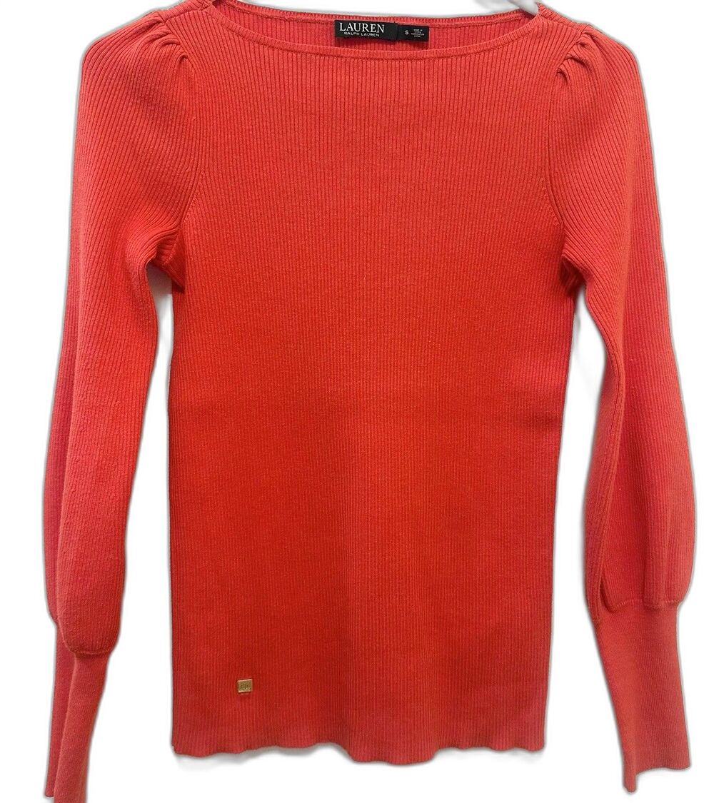 Lauren Ralph Lauren Red/Orange Ribbed Puff Sleeve Knit Top Size Small